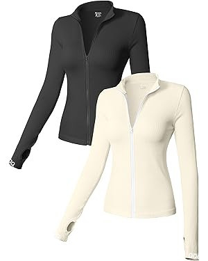 OQQ Womens 2 Piece Long Sleeve Tops Stand Neck Front Zipped Stretch Fitted Underscrubs Tee Shirts... | Amazon (US)