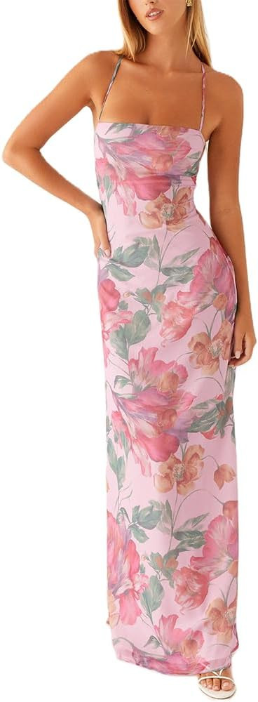 Women Y2k Bodycon Long Dress Vintage Floral Spaghetti Strap Sleeveless Maxi Dress Summer Slim Fit... | Amazon (US)