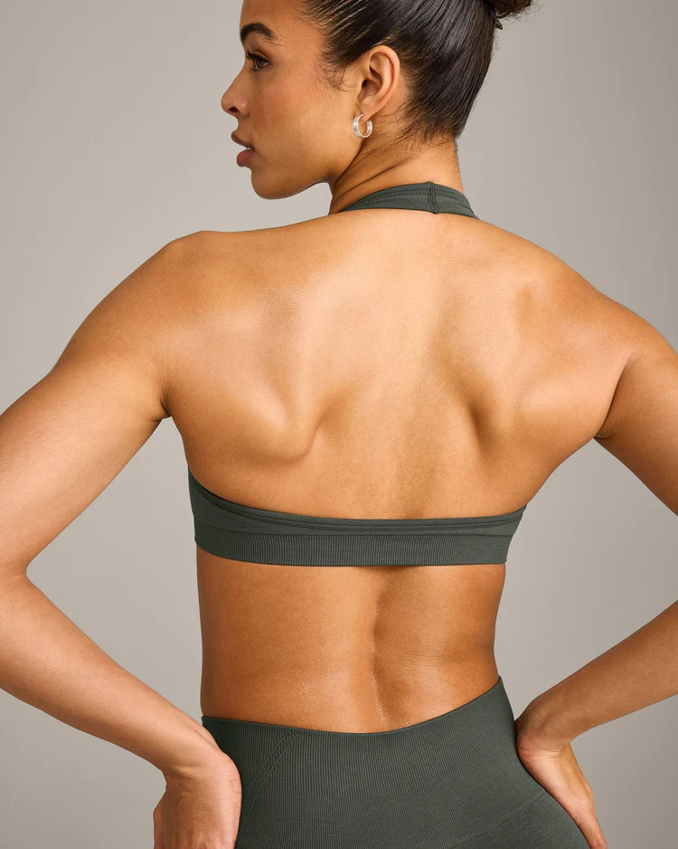 EffortlessLift™ Seamless Halter Neck Sports Bra with Gray Logo 
 Dark Khaki | Oner Active (UK / US)