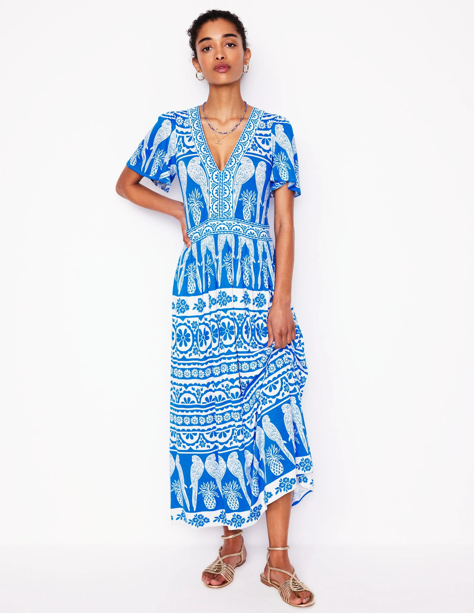 Ellie Flutter Maxi Tea Dress-Cerulean Blue, Ornate Tropics | Boden (US)
