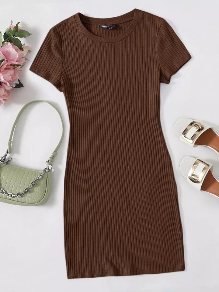 SHEIN Curve Solid Rib-Knit Backless Dress, Brown, 2XL