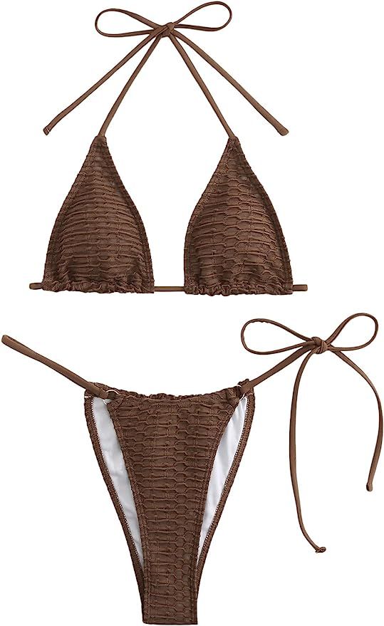 SweatyRocks Women's 2 Piece Swimsuit Tie Back Triangle Micro Bikini Textured Bathing Suit | Amazon (US)