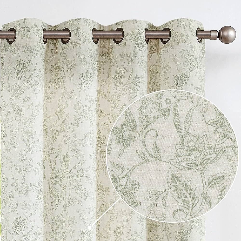 Lazzzy Linen Farmhouse Curtains for Living Room 96 Inch Length Floral Print Window Curtains Semi Sheer Drapes for Bedroom Country Light Filtering Curtain Grommet Top 2 Panels Green on Beige | Amazon (US)