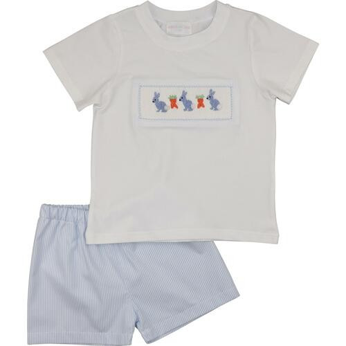 Blue Mini Stripe Smocked Bunny Short Set | Cecil and Lou