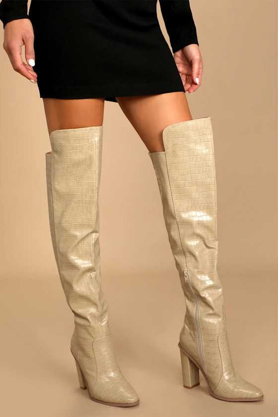 Rowee Light Nude Crocodile-Embossed Over the Knee Boots | Lulus (US)