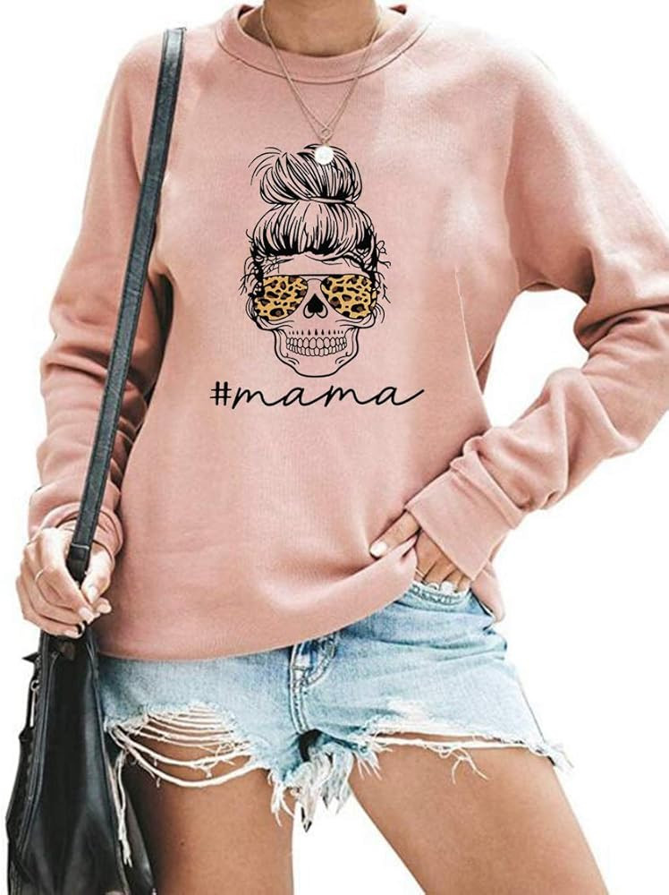 Mama Shirts Women Funny Mom Sweatshirt Leopard Skull Graphic Tee Casual Long Sleeve Pullover Tops | Amazon (US)