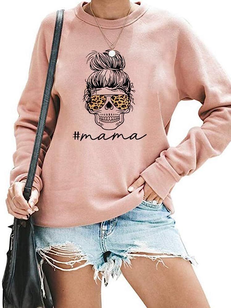Mama Shirts Women Funny Mom Sweatshirt Leopard Skull Graphic Tee Casual Long Sleeve Pullover Tops | Amazon (US)
