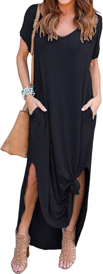 GRECERELLE Women's Casual Loose Pocket Long Dress Short Sleeve Split Maxi Dresses | Amazon (US)