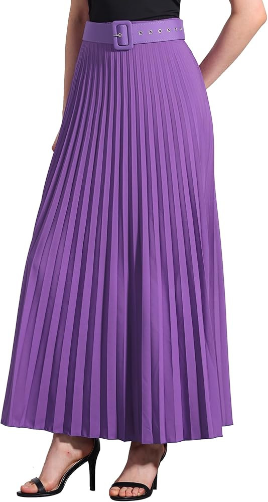 Allegra K Long Pleated Skirt for Women's Elastic High Waist with Belt Swing A-line Work Maxi Skir... | Amazon (US)