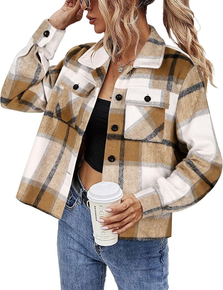 HOTOUCH Cropped Shacket Women Long Sleeve Light Jackets Ladys Flannel Shirts 2024 Fall Fashion Tr... | Amazon (US)