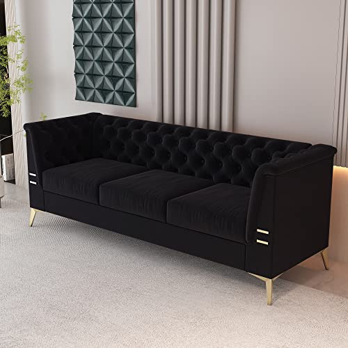 yunqishi SHIYONG Black Chesterfield Velvet Couch for Living Room, 82.68" Tufted Couch with Metal Gold Legs, 3 Seater High Arm Upholstered Black Sofa (Black) | Amazon (US)