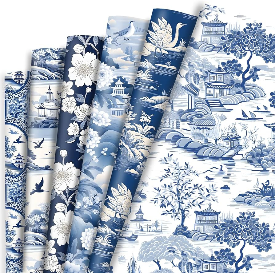 Vnaaem Chinoiserie Wrapping Paper 6 Pc Classic Chinese Landscape Vintage Blue White Floral Gift W... | Amazon (US)