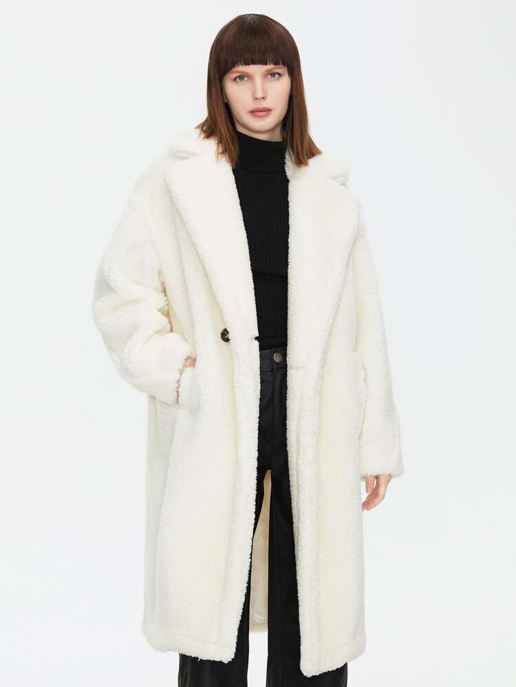 ZIAI Drop Shoulder Teddy Mantel mit schrägen Taschen | SHEIN