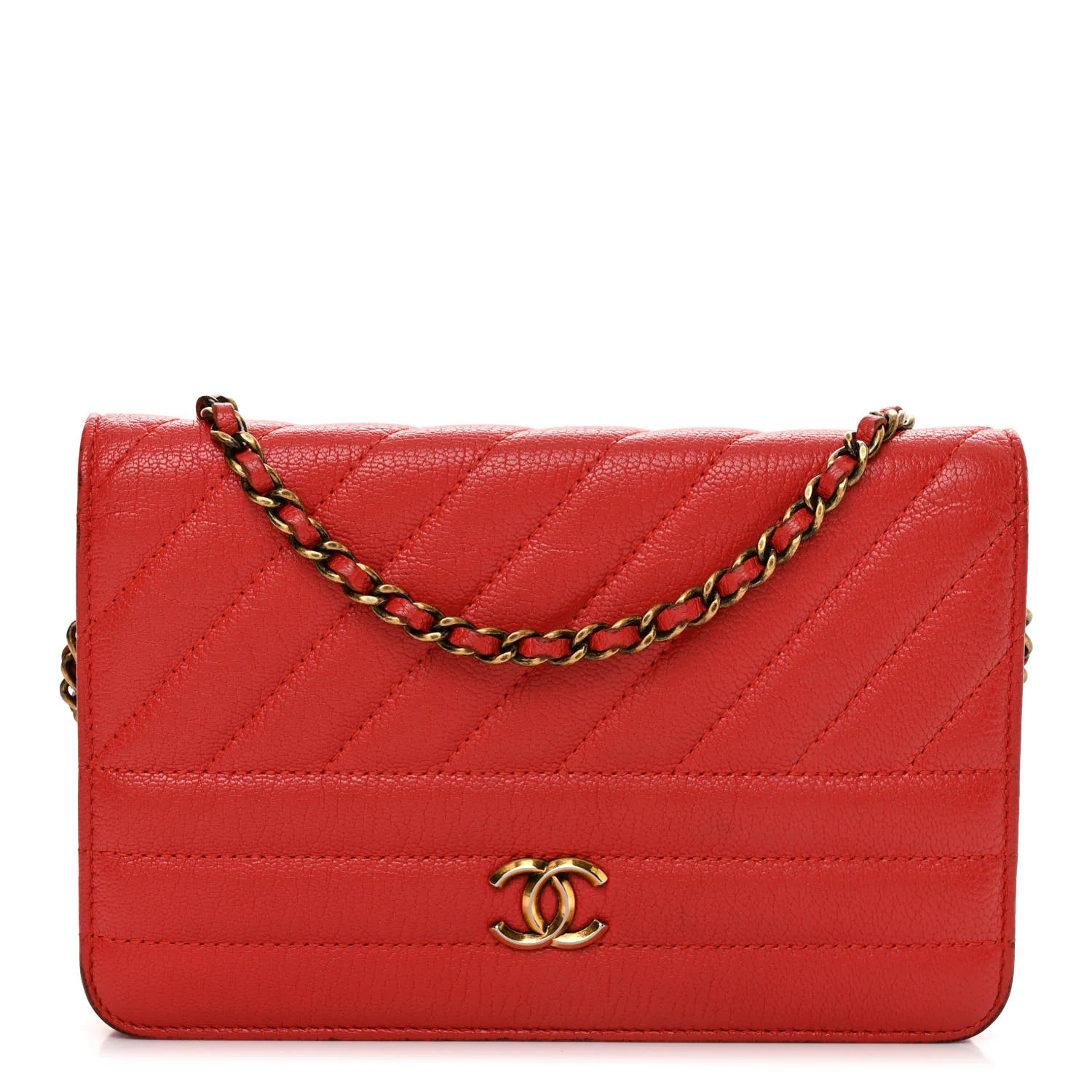 Goatskin Diagonal Quilted Wallet On Chain WOC Red | FASHIONPHILE (US)