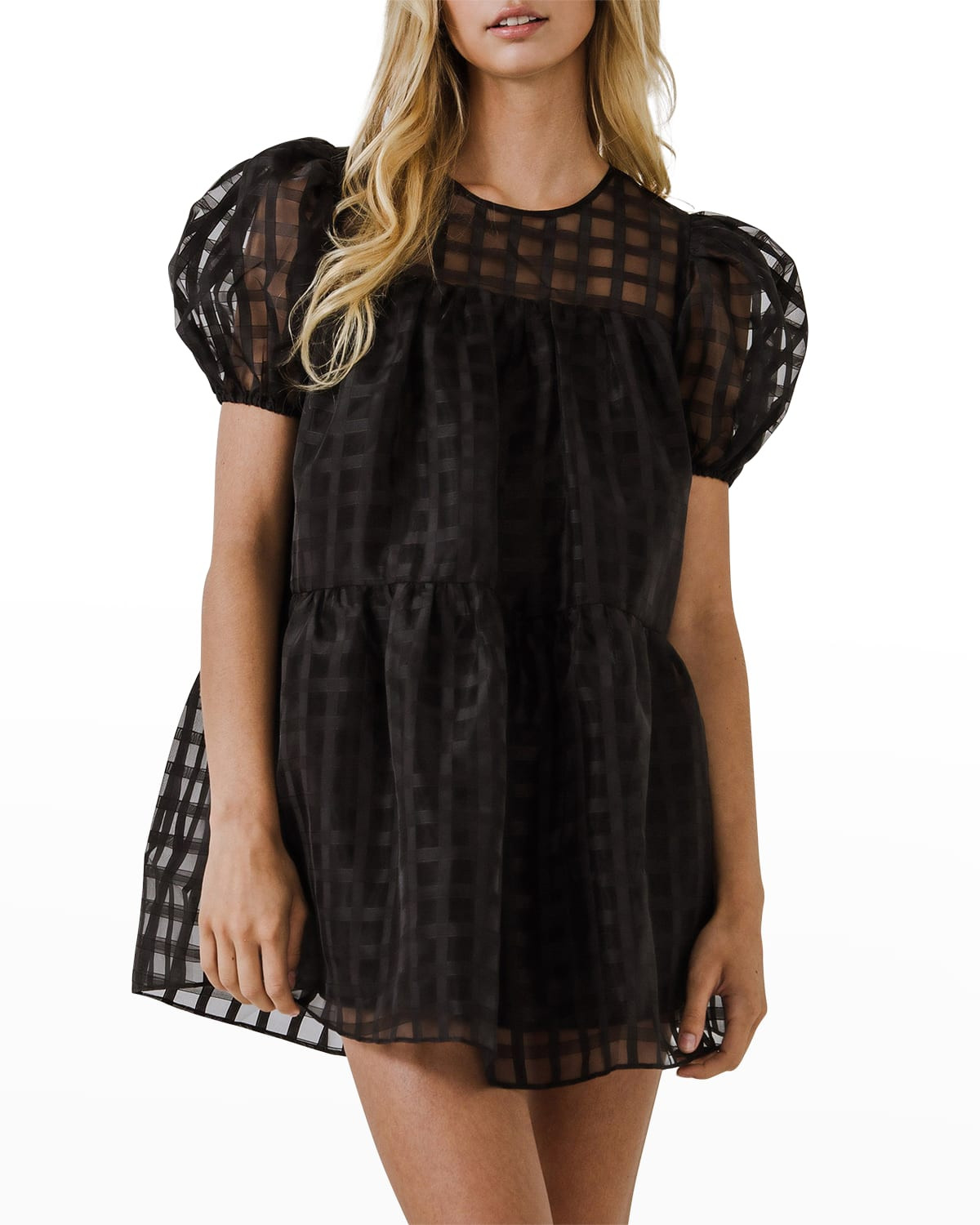 Gridded Puff-Sleeve Mini Babydoll Dress | Neiman Marcus