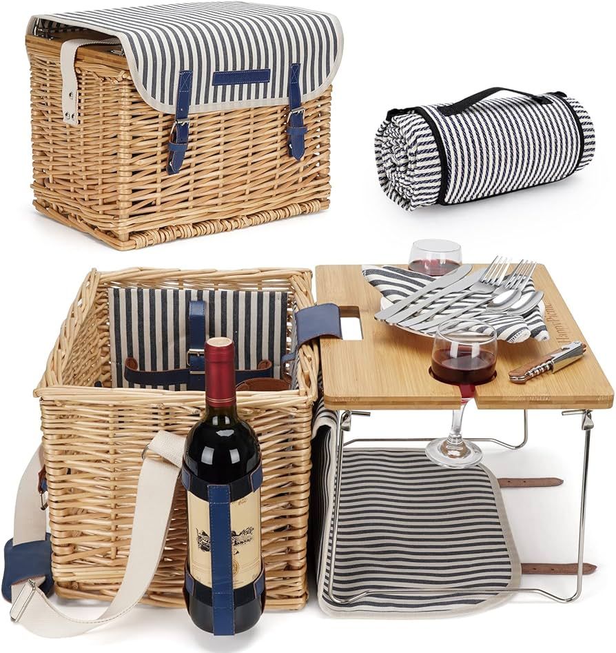 Wicker Picnic Basket for 2 Persons Picnic Kit, Willow Hamper Service Gift Set with Bamboo Wine Ta... | Amazon (US)