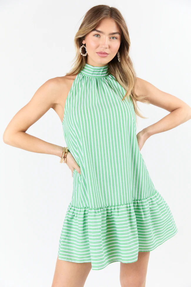 Firefly Glow Green and Ivory Striped Halter Neck Dress | Pink Lily