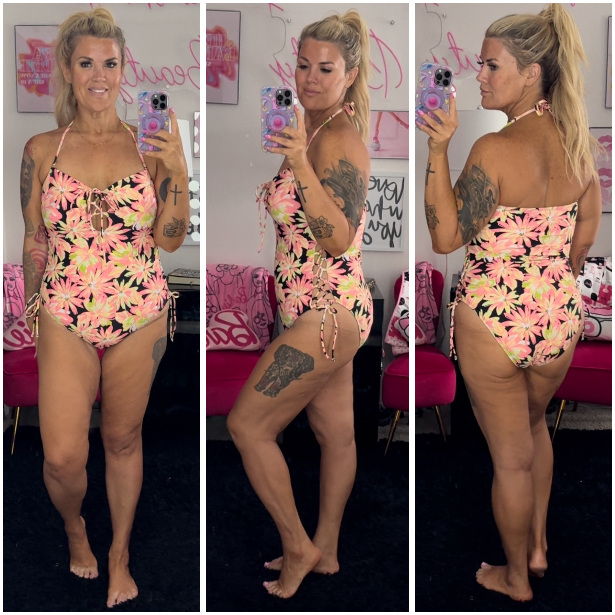 Celebrity pink bathing suit from Walmart. One piece, bathing suit. Lace up.  

#LTKover40 #LTKmidsize #LTKswim