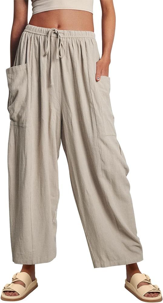 LILLUSORY Women‘s Linen Wide Leg Pants 2024 Casual Loose Lightweigt Beach Palazzo Harem Pants | Amazon (US)