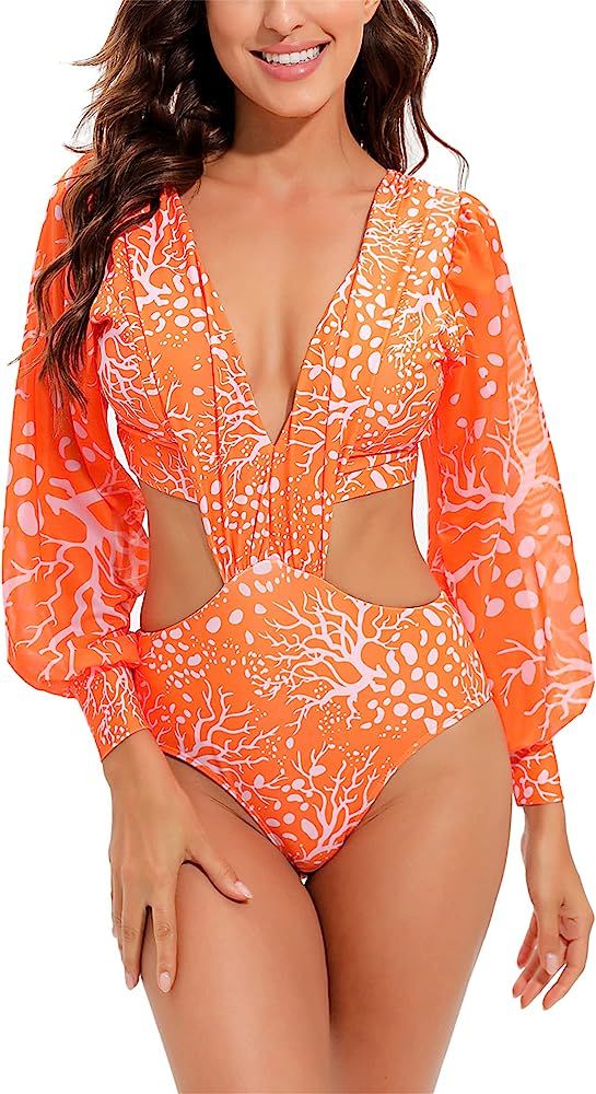 MUOLUX Long Sleeve Bathing Suit, One Piece Swimsuit Puff Sleeve Bathing Suit Swimwear | Amazon (US)
