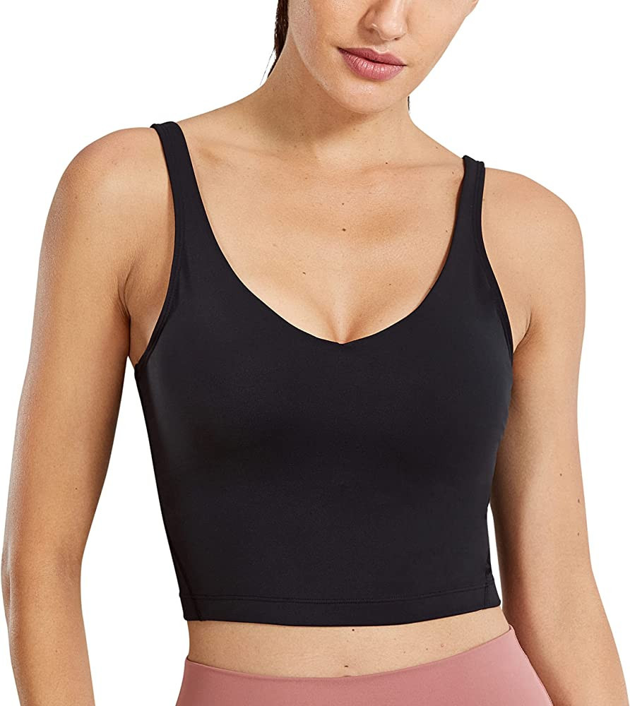CRZ YOGA Womens V Neck Workout Tank Tops with Built in Bras - Cropped Padded Athletic Longline Sp... | Amazon (US)