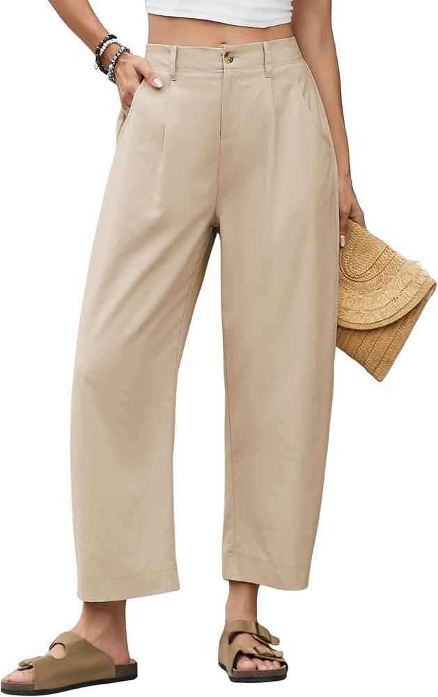 Himosyber Womens Linen Pants Barrel Wide Leg Capri Pants Casual Baggy High Waisted Summer Beach P... | Amazon (US)