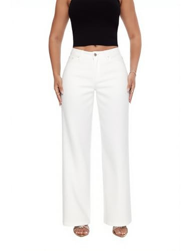 ONESO Mid-Low Rise Baggy Jeans Wide Leg for Women White Distressed Pants Stretchy Bottom Lady Basic Comfortable Denim | Amazon (US)