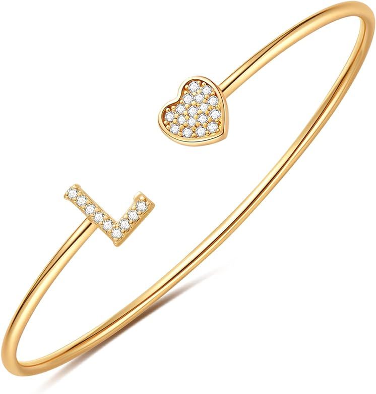 Gold Bangle Bracelets for Women, 14K Gold Plated Gold Bracelets for Women Heart Bracelets Initial... | Amazon (US)