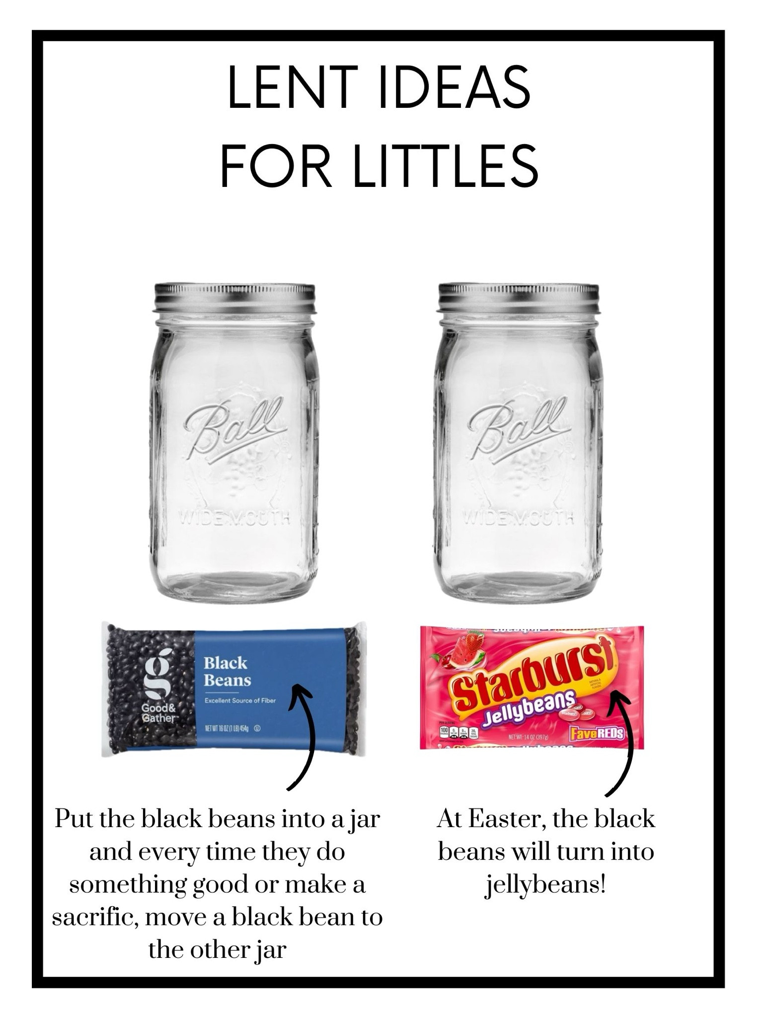 love this Lent idea for littles from Catholic All Year! get two jars and put black beans into on jar! when your little does something good or makes a sacrifice, have them move a black bean over to the empty jar. at Easter, the black beans that were moved over will turn into jellybeans! read more in the Catholic All Year book!

#LTKfamily #LTKkids #LTKhome