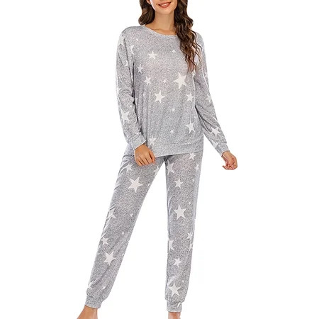 Women s Stars Print Pajama Sets - Long Sleeve Crewneck Sleepwear Tops Long Pants Comfy Matching Lounge Outfits | Walmart (US)