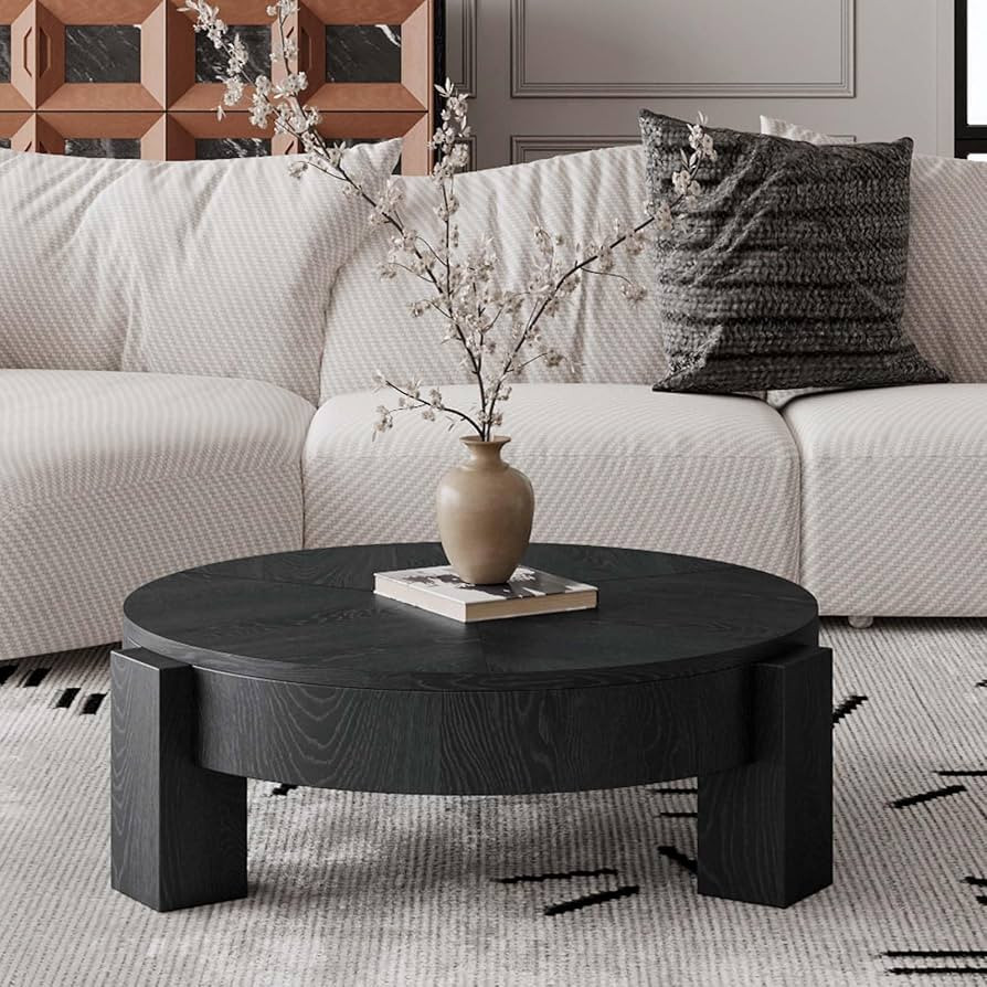 Round Coffee Table with Hidden Storage & 3 Block Legs, Modern Wabi-Sabi Style Circle Coffee Table... | Amazon (US)