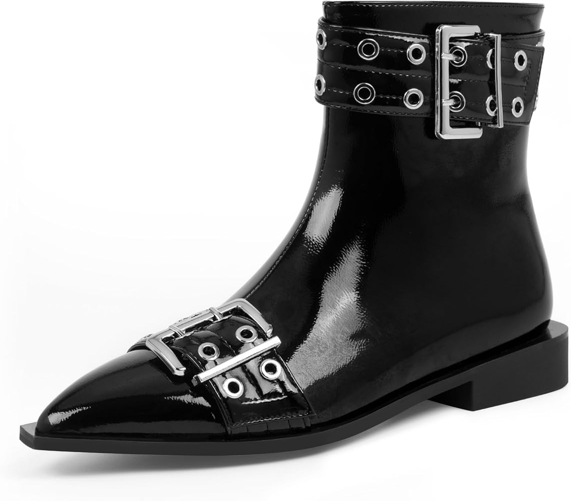 Women's Goth Pointed Toe Ankle Boots Flat Buckle Strap Booties | Amazon (US)