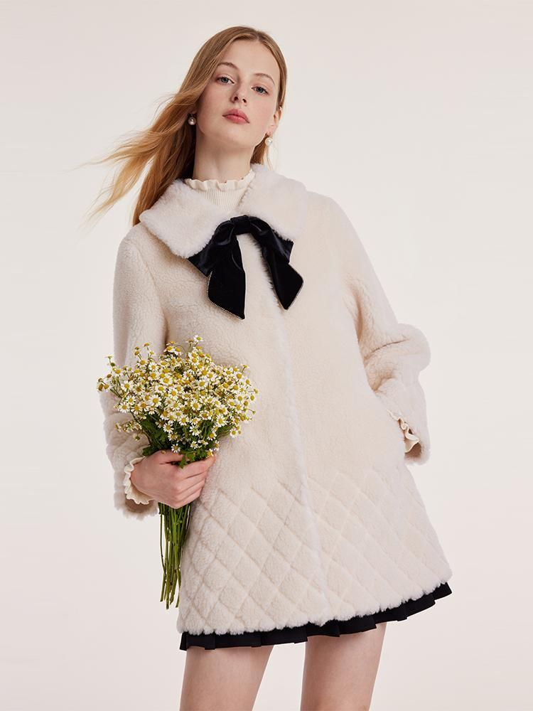 White Mid-Length Velour Women Coat With Bowknot | GOELIA