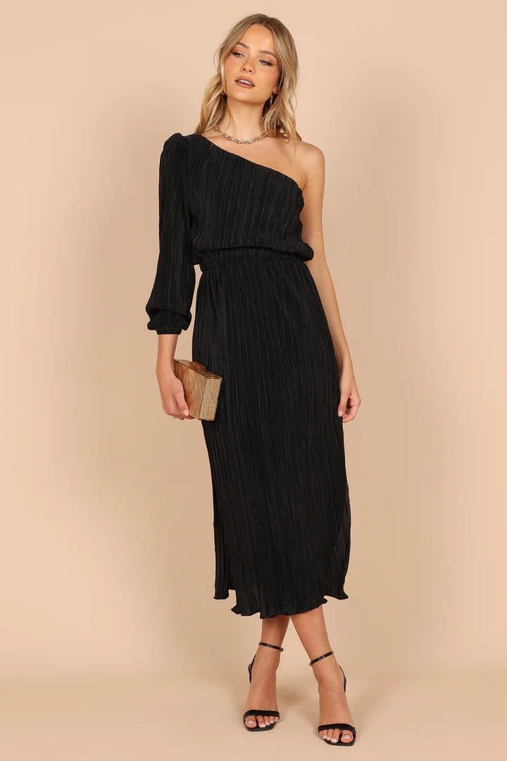 Pontee One Shoulder Pleated Midi Dress - Black | Petal & Pup (US)