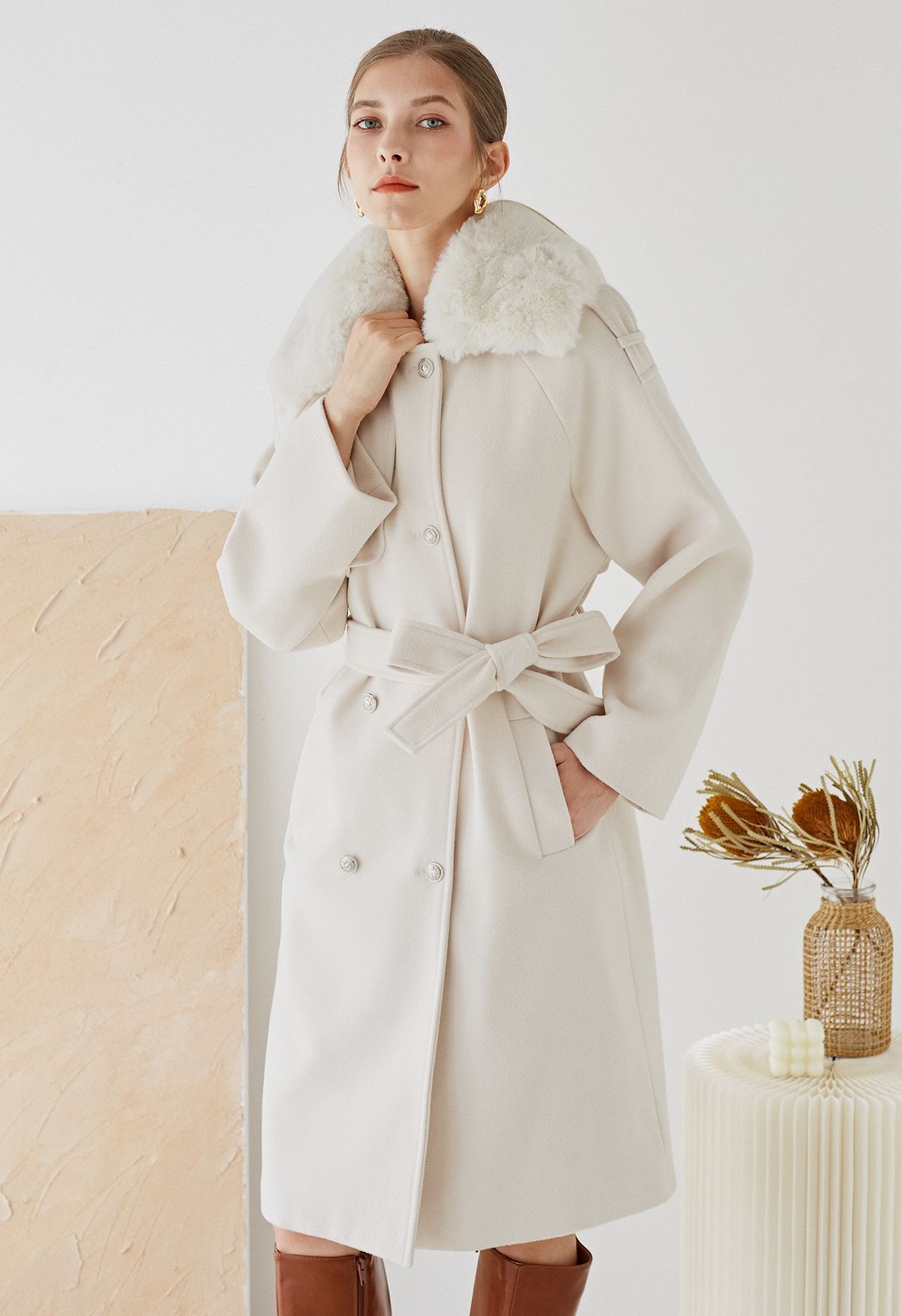 Faux Fur Collar Double Breasted Belted Coat in Cream | Chicwish