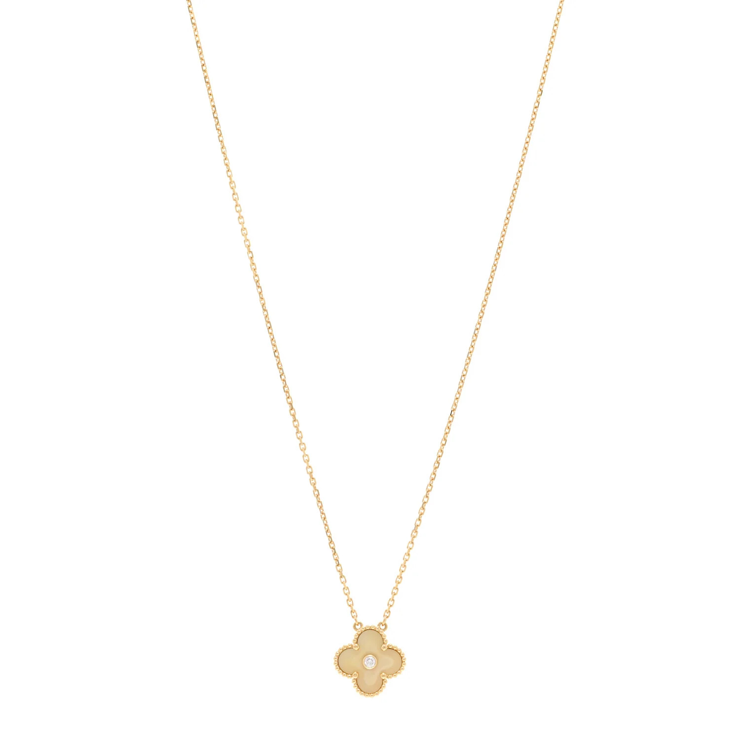 18K Yellow Gold Diamond Yellow Mother of Pearl Vintage Alhambra Pendant Necklace | FASHIONPHILE (US)