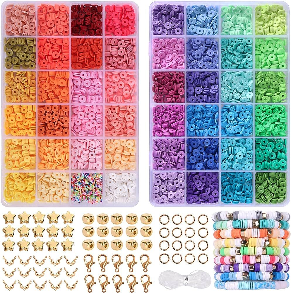 QUEFE 4800pcs Clay Beads for Bracelet Making Kit 48 Colors Flat Round Polymer Clay Spacer Heishi ... | Amazon (US)