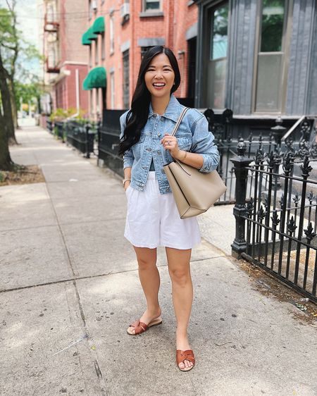 Denim jacket (XS)
White high waisted shorts (S)
White linen shorts
White shorts
Kate Spade All Day tote
Taupe tote bag
Neutral tote bag
Brown slide sandals
Casual spring outfit
Casual summer outfit

#LTKunder100 #LTKSeasonal #LTKstyletip