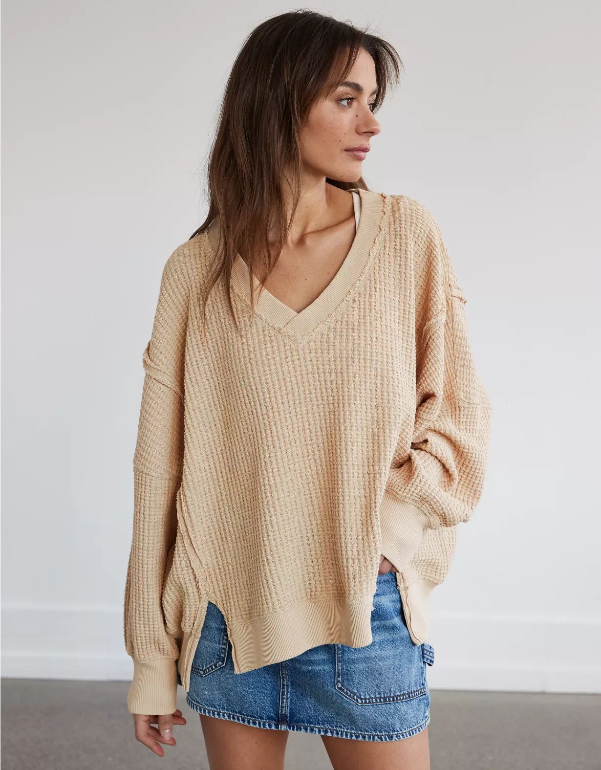 AE Oversized Big Hug Waffle V-Neck Sweatshirt | American Eagle Outfitters (US & CA)