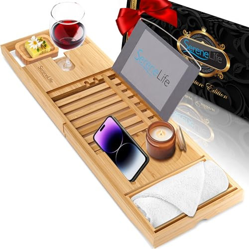SereneLife Bamboo Bathtub Caddy with Luxury Gift Box and Red Gifting Ribbon Extendable & Adjustable Tray with Device/Book Holder with Removable Trays for Bath Accessories (Natural) | Amazon (US)