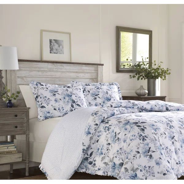 Chloe Blue/White Watercolor Floral 100% Cotton Pique Weave Reversible Comforter Set | Wayfair North America