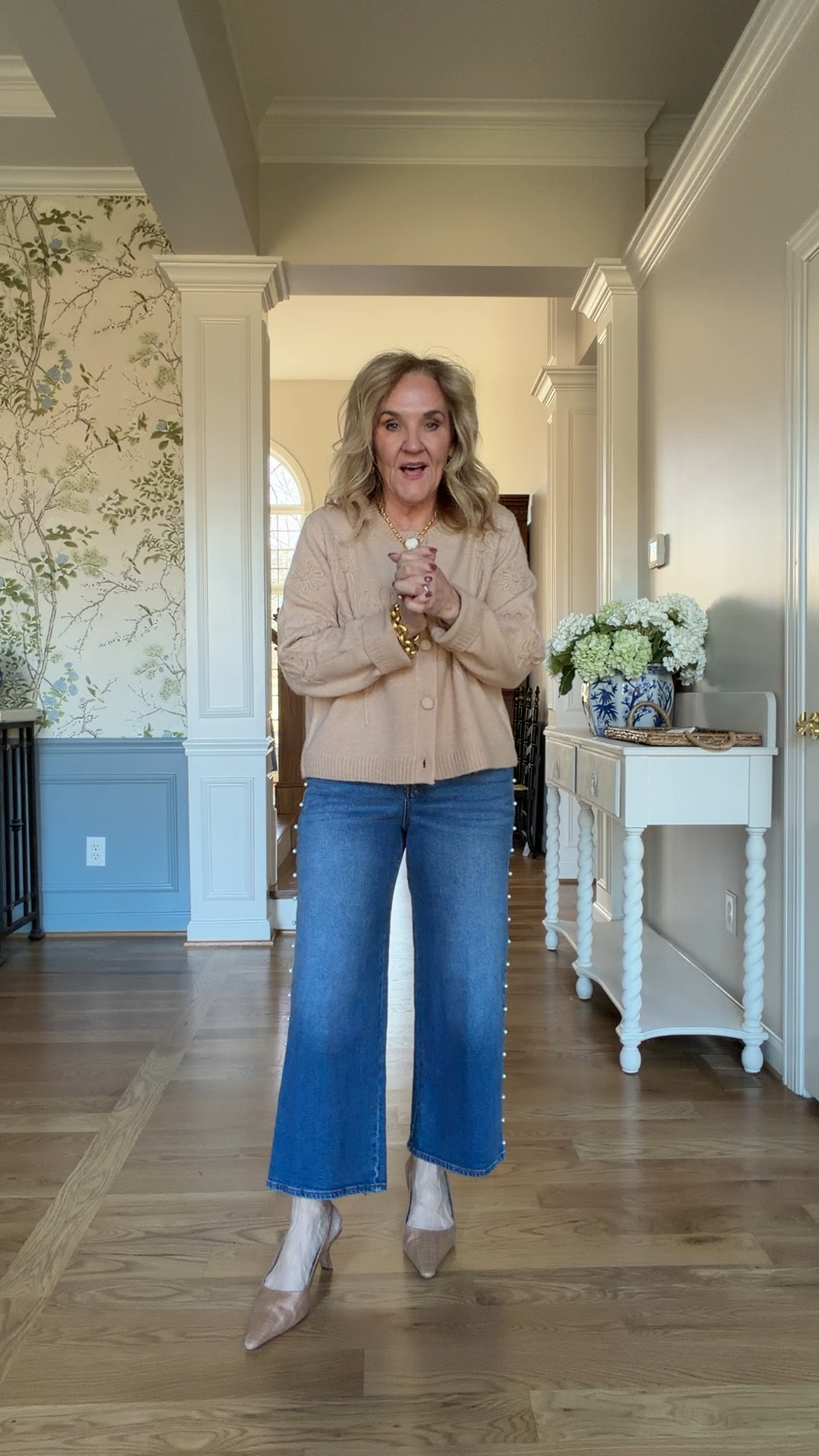 Pearl embellished denim I did size down to a 6. Wear them with a sandal or slingback or a boot if you weather dictates 
Prettiest camel cardigan size medium it’s roomy 


#LTKPetite #LTKSaleAlert #LTKOver40