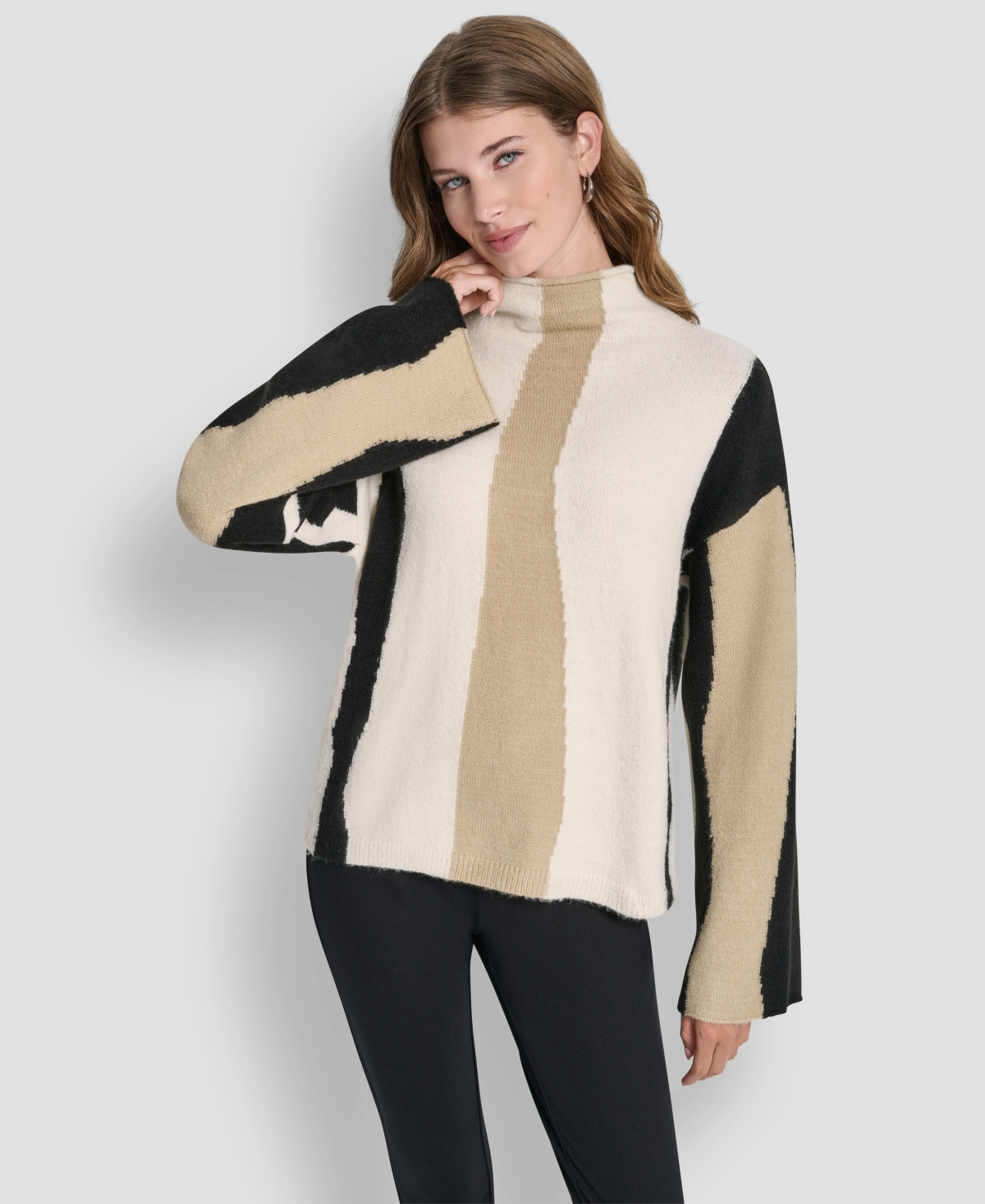 Dkny Women's Long-Sleeve Mock Neck Color-Block Sweater - Ecru Multi | Macy's