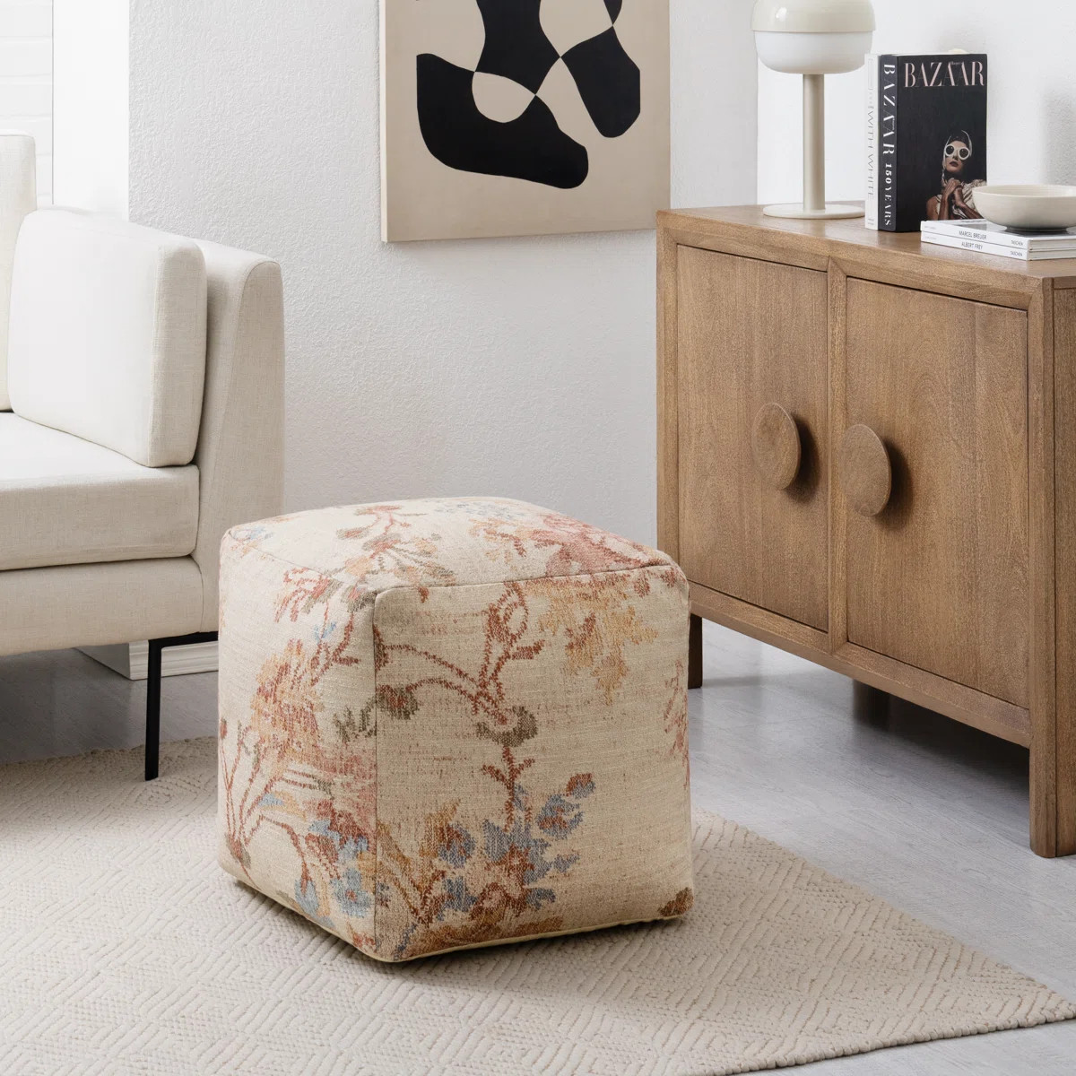 Shynel Emmett Pouf - Beige Botanical Vintage-Inspired Motif Accent Pouf Ottoman, machine woven | Wayfair North America