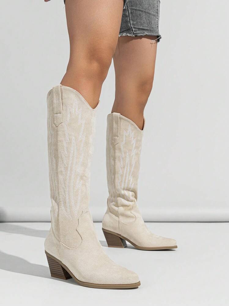Women's Casual Pointed Toe Western Embroidery Slip-On Winter Faux Suede Boots | SHEIN