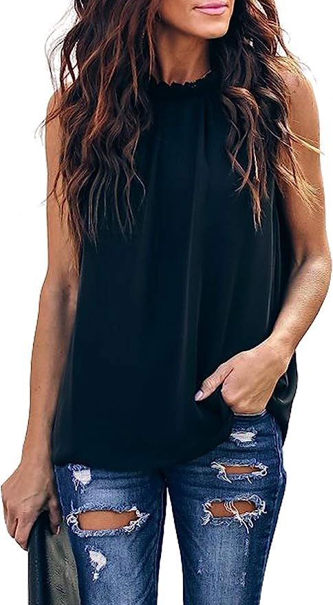 AlvaQ Women Summer Halter Chiffon Tank Tops Casual Sleeveless Shirts Blouses | Amazon (US)