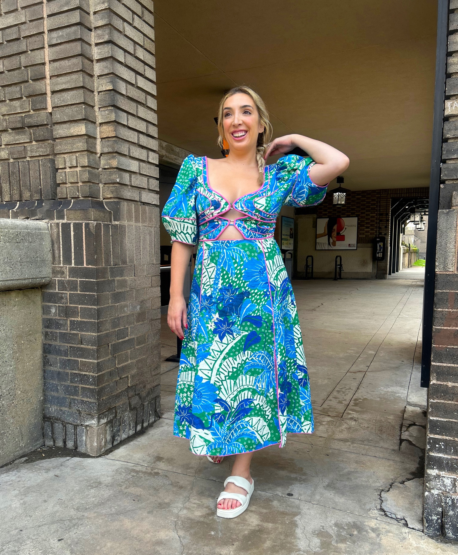 slim fit dress slacks Farm Rio Monstera Linen Midi Dress in Multi main image 1