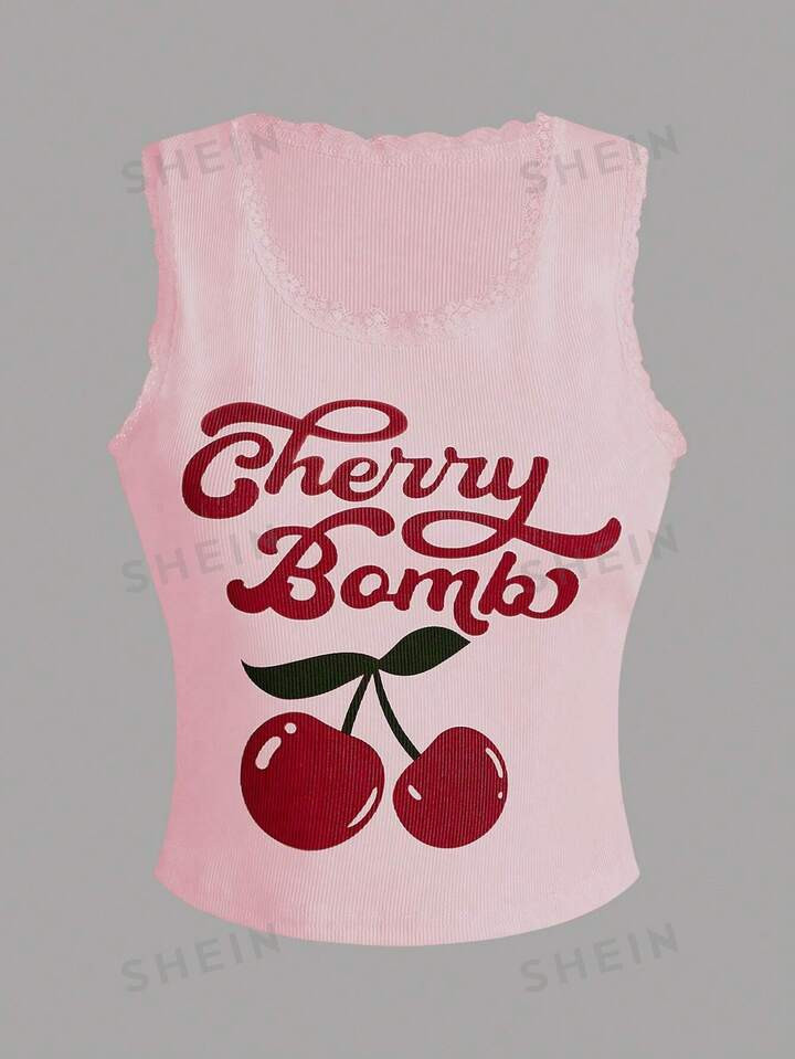 ROMWE Kawaii Women's Cherry & Letter Print Tank Top Cherry Bomb | SHEIN USA | SHEIN