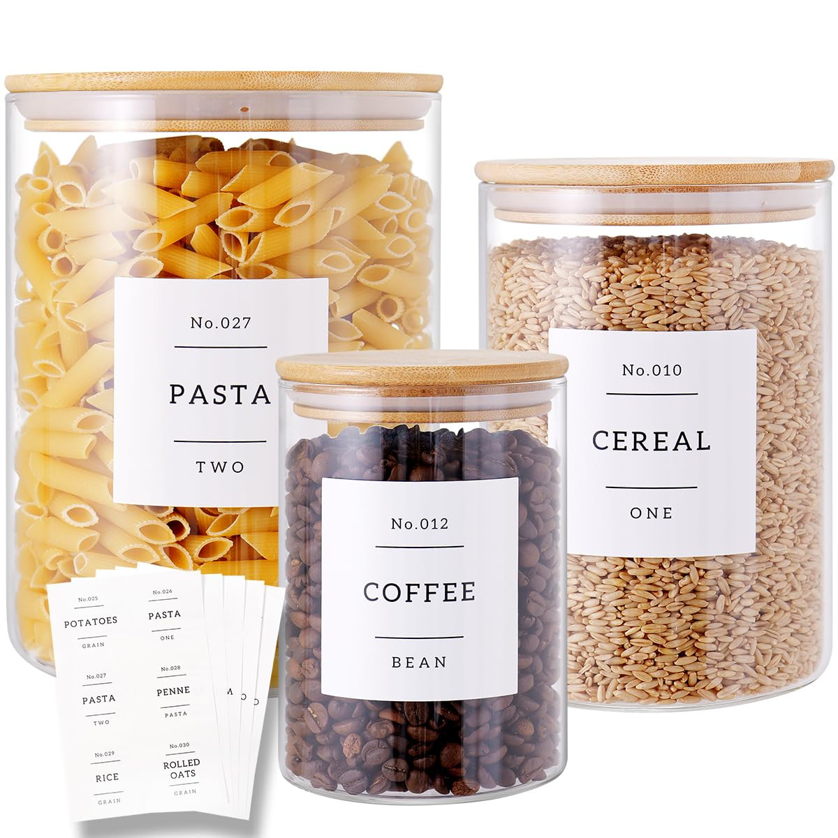 3 Pcs Glass Canisters with Airtight Bamboo Lids and 42 Kitchen Pantry Labels Preprinted - Clear G... | Amazon (US)