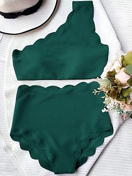 High Waisted Bikini Scalloped Flounced One Shoulder Swimsuit Solid Wavy Edge Swimwear | Amazon (US)